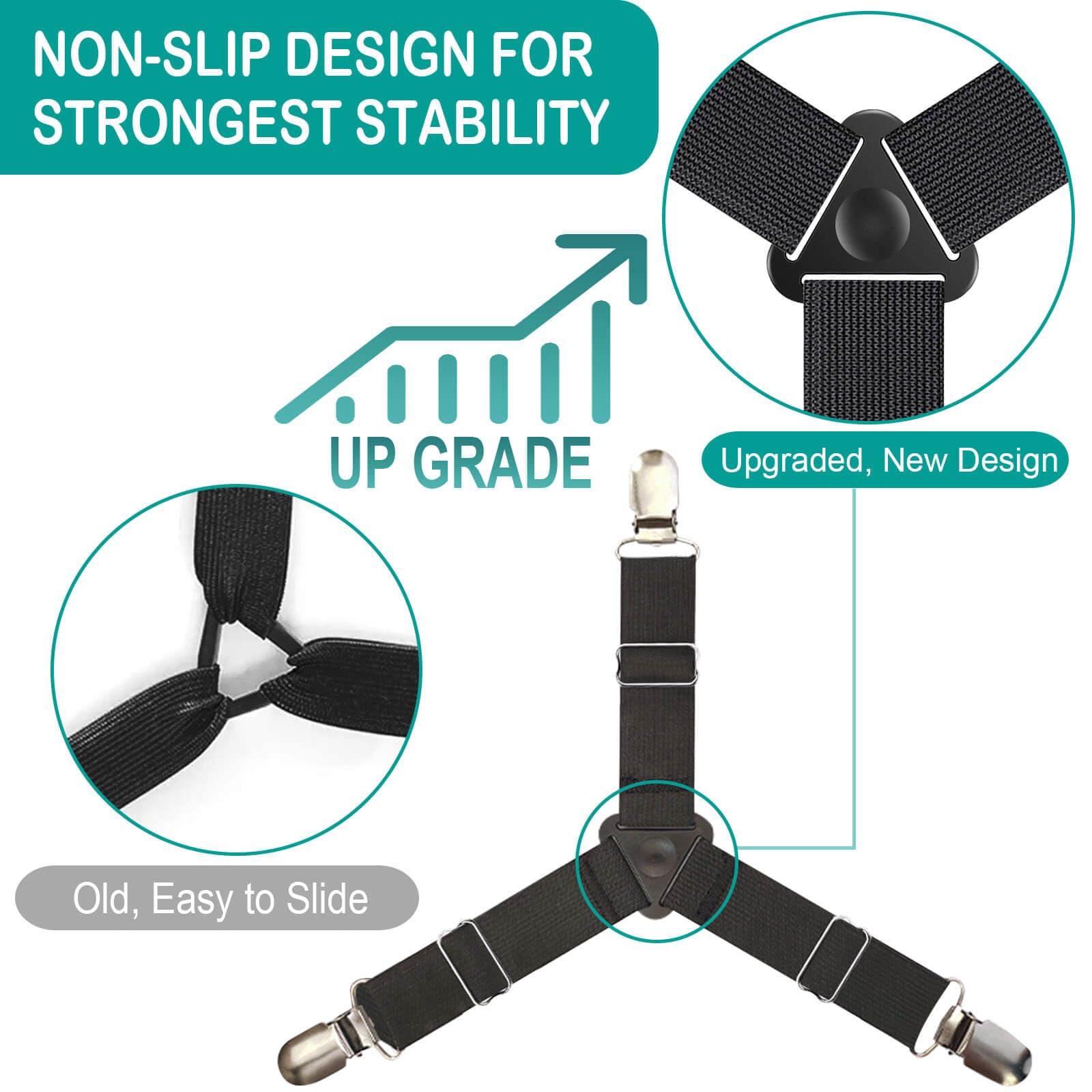 Tuyeabc Bed Sheet Holder Straps, Adjustable Elastic Bedsheet Fasteners, Mattress Corner Sheet Clips Stays Keepers, Fitted Sheet Straps, Upgraded Non-Slip Stability Triangle Buckle, Easy To Install