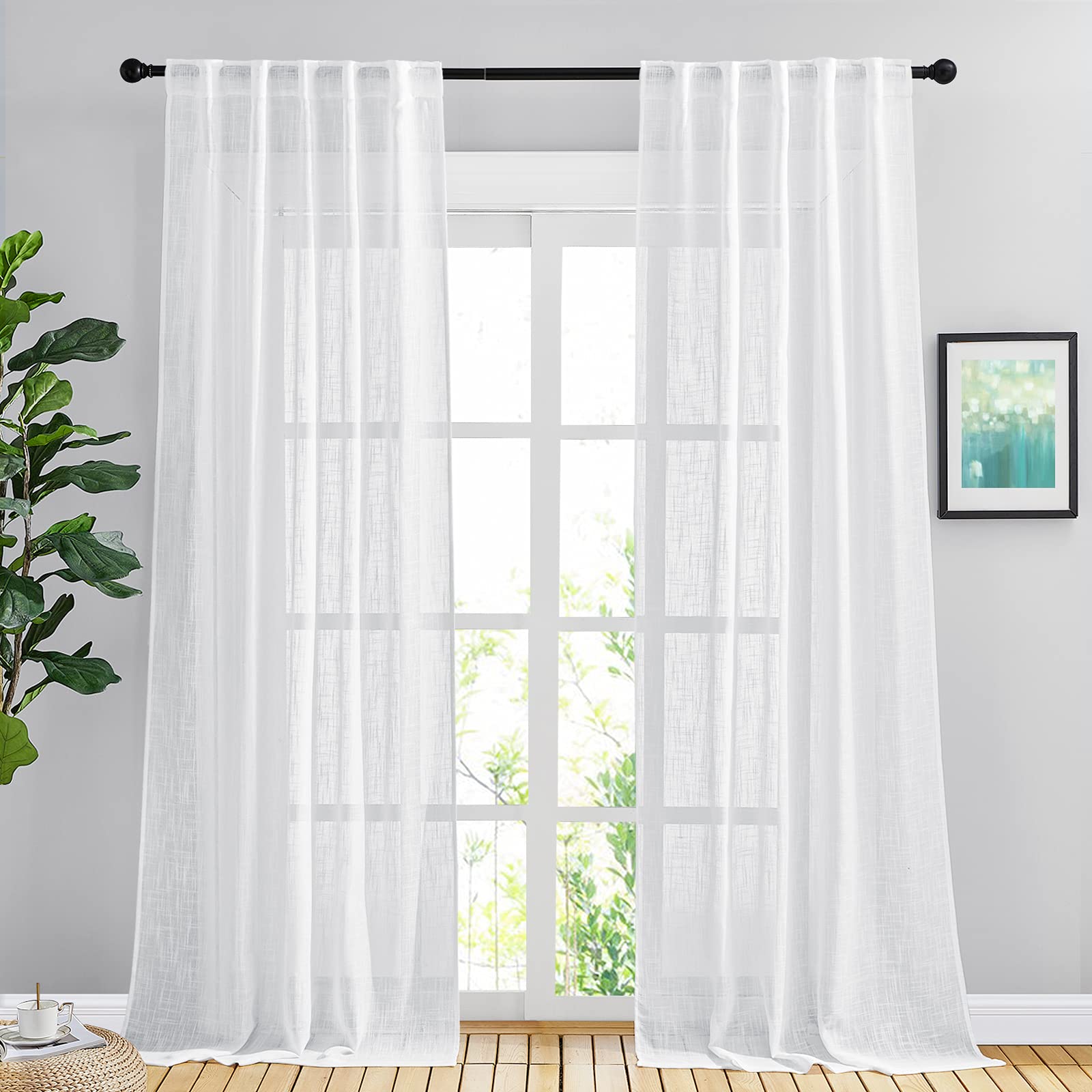 Nicetown White Sheer Curtains For Living Room Extra Long 95' L, Rod Pocket & Back Tab Linen Sheer Window Curtains Semi Sheer Be