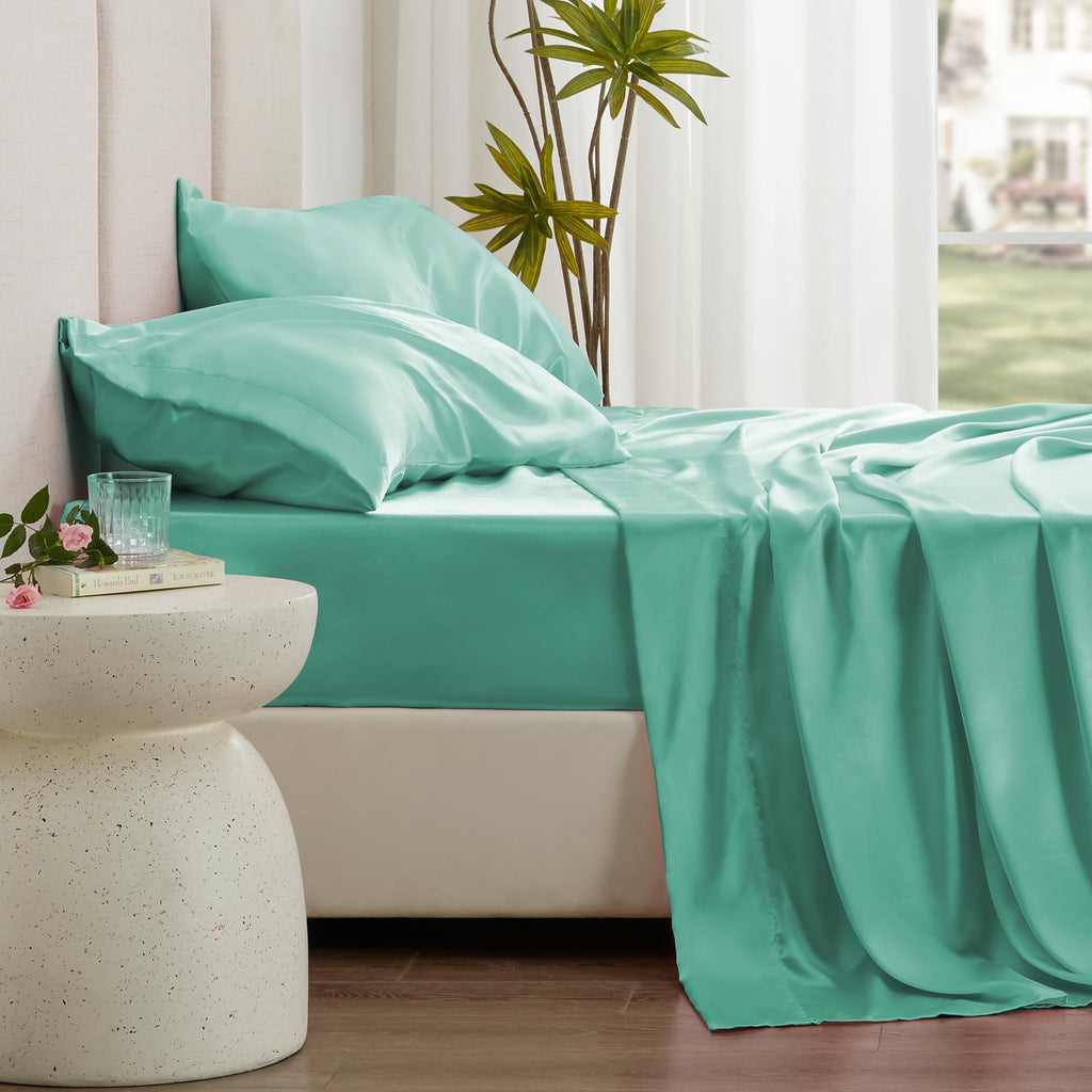 Love'S Cabin Satin Queen Sheets Set - 4 Piece Aqua Silky Satin Bed Sheets Queen Set With Deep Pocket, Luxury Silk Feel Satin Queen Size Sheet Set (1 Flat Sheet,1 Fitted Sheet,2 Pillow Cases)