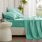 Love'S Cabin Satin Queen Sheets Set - 4 Piece Aqua Silky Satin Bed Sheets Queen Set With Deep Pocket, Luxury Silk Feel Satin Queen Size Sheet Set (1 Flat Sheet,1 Fitted Sheet,2 Pillow Cases)