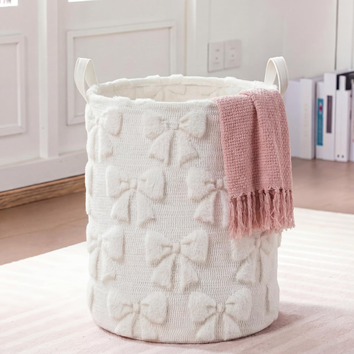 Blushtier White Bow Laundry Hamper Girls Room Decor Coquette Bow Plush Faux Fur Basket Kids 45l Storage Basket Collapsible Organ