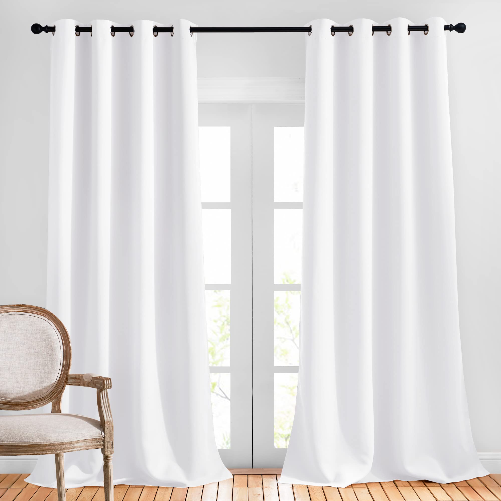Nicetown Long White Curtains For Patio - (52 Inches Wide X 108 Inches Long, White, 2 Panels) Home Decoration Grommet Top Drapes,
