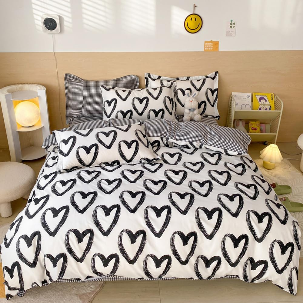 Wellboo Love Comforter Sets Full Black And White Bedding Cotton Heart Shaped Women Girls Quilts Brush Ink Bed For Men Boys Teens