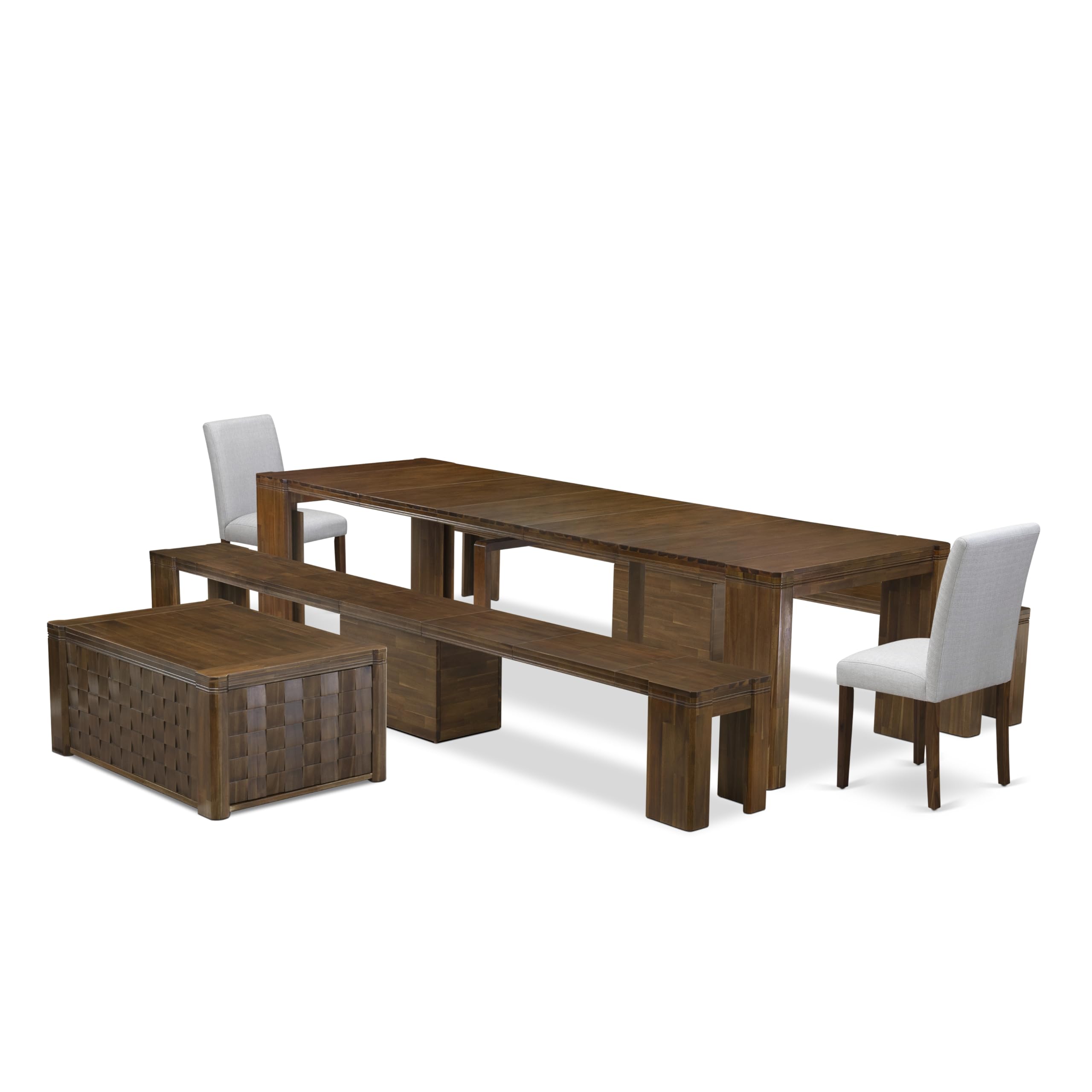 Luxe by East West Furniture - X02AB-2C8-05 - 6 Pieces Dining Set Includes an Extendable Rectangle Kitchen Table, 1 Coffee Table, 2 Dining Chairs and 2 Modern Benches, 39x120 Inch, Antique Walnut