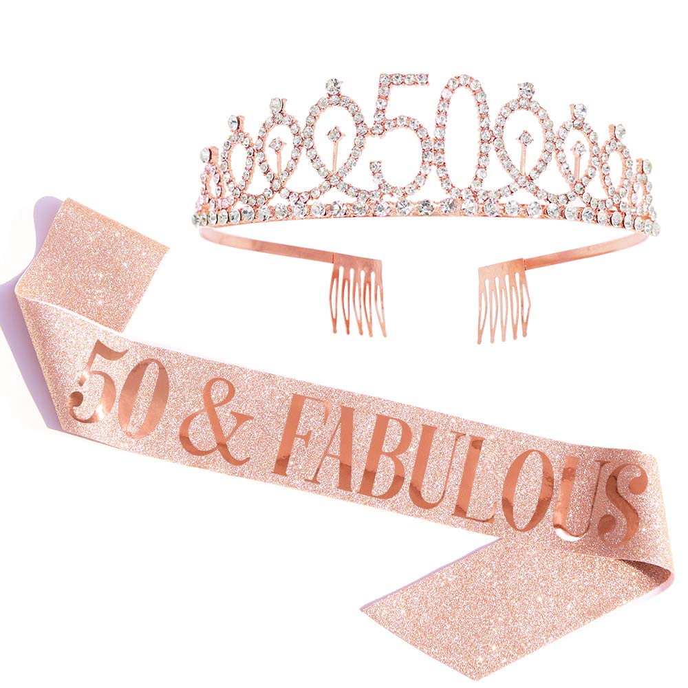 '50 and Fabulous'' Sash & Rhinestone Tiara Set - 50th Birthday Sash 50 Birthday Gifts Party Favors