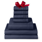 Mellanni Split King Sheet Set - 7-Piece Iconic Collection Bedding, (Including 4 Pillowcases), 16-Inch Deep Pocket, Easy Care, Extra Soft, Cooling Sheets, Brushed Microfiber - Navy Blue