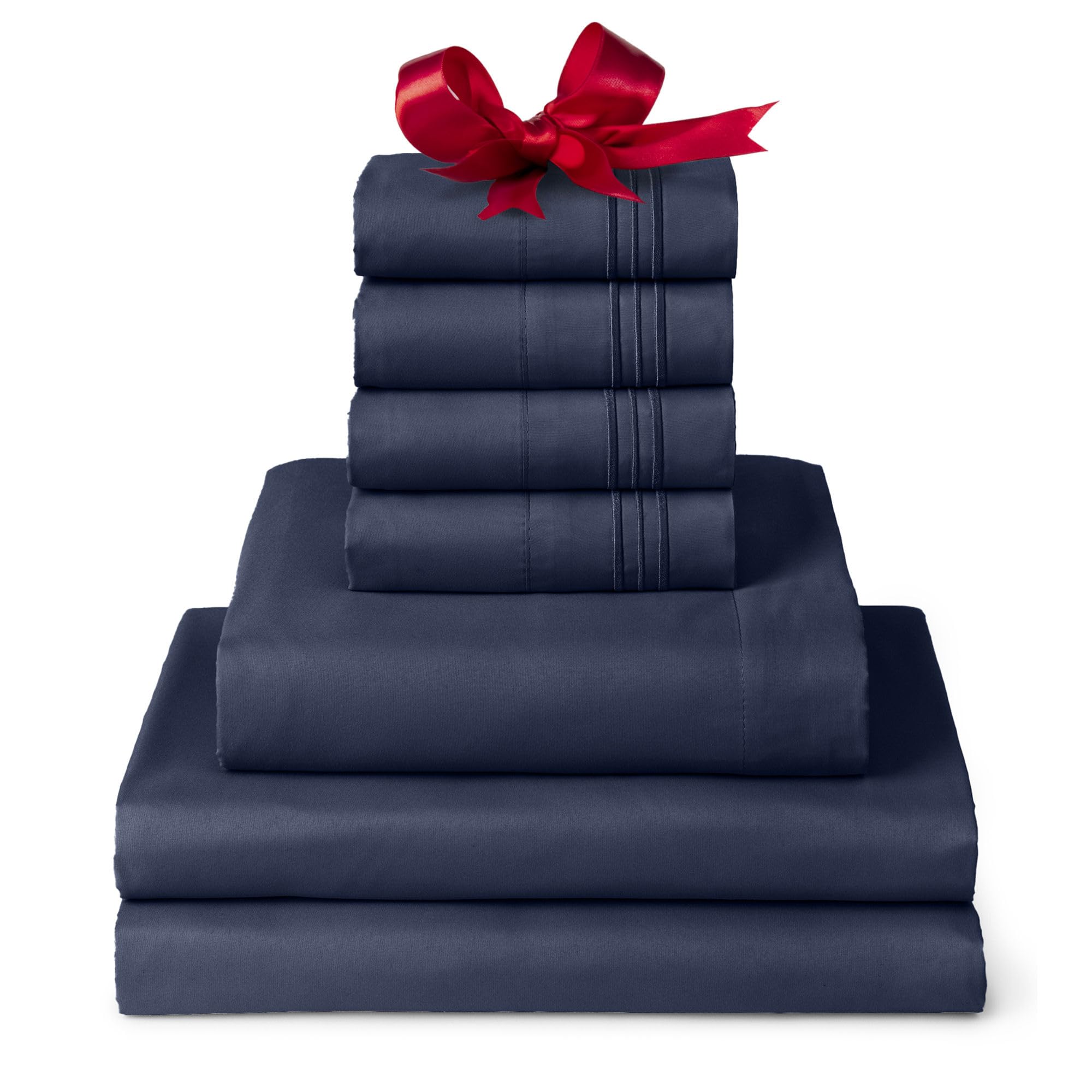 Mellanni Split King Sheet Set - 7-Piece Iconic Collection Bedding, (Including 4 Pillowcases), 16-Inch Deep Pocket, Easy Care, Extra Soft, Cooling Sheets, Brushed Microfiber - Navy Blue