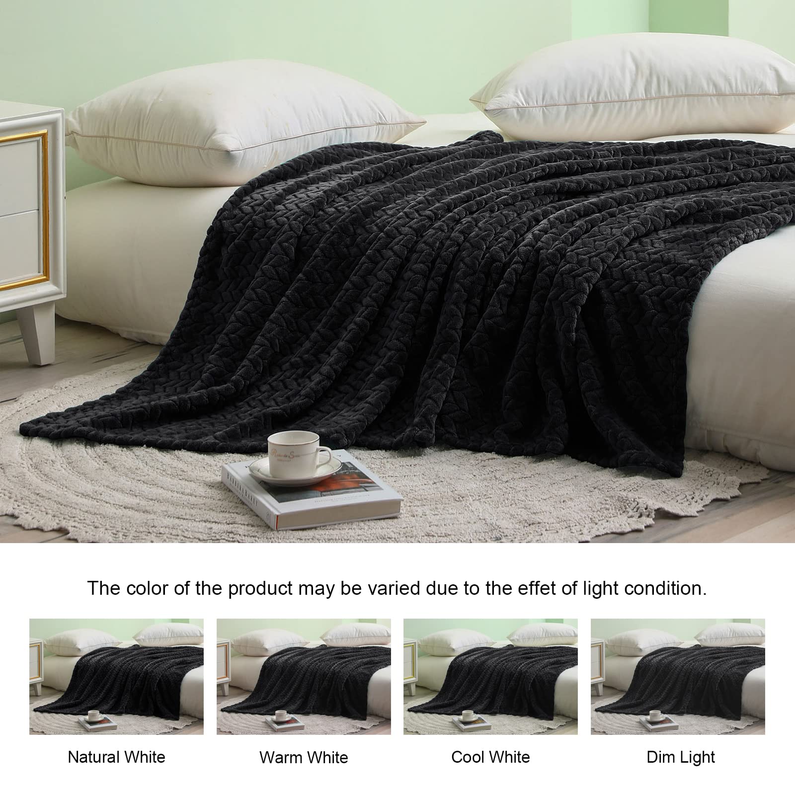 Exclusivo Mezcla Black Fleece King Size Blanket For Bed, 90X104 Inches Soft Cozy 3D Decorative Jacquard Flannel Blankets, Lightw