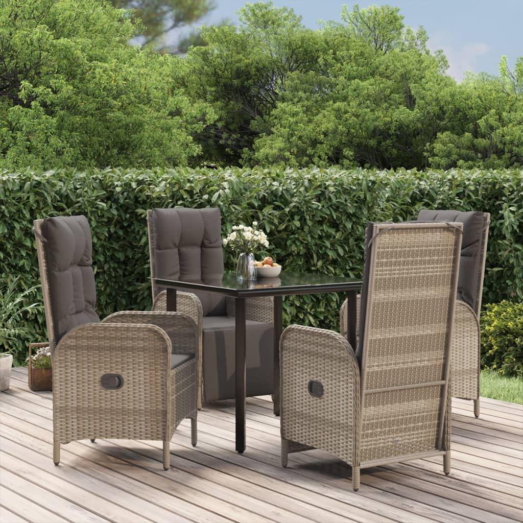 vidaXL 5-Piece Outdoor Patio Dining and Lounge Set - Black and Gray Poly Rattan, Adjustable Reclining Chairs with Cushions, Tempered Glass Table