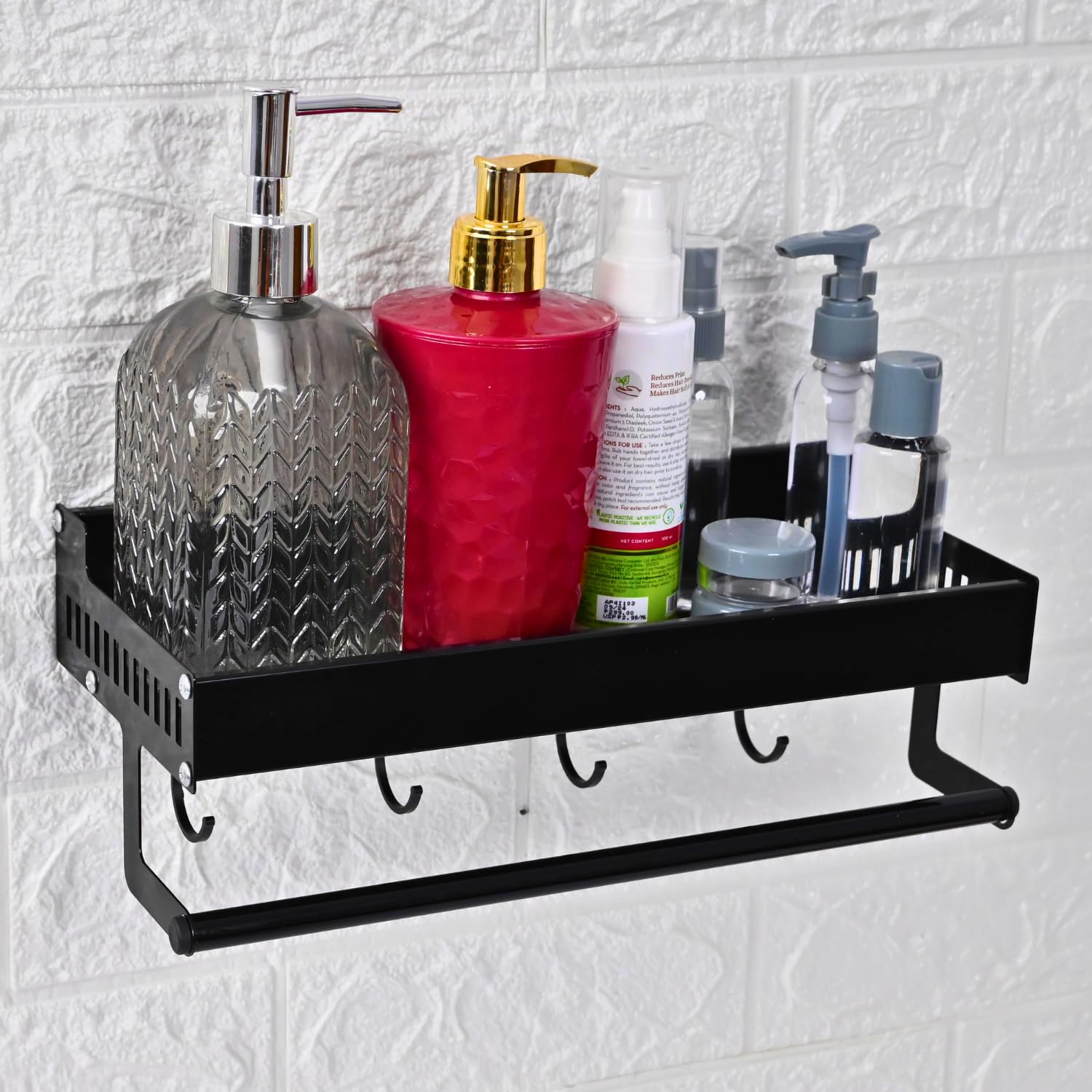 Boniry 30 Cm Multipurpose Aluminum Bathroom Shelf With Movable Hooks & Towel Bar | Wall Shelf Bathroom Rack Ideal For Metal Bath