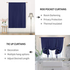 Dwcn Blackout Curtains-Tie Up Shade For Window Thermal Insulated Room Darkening Rod Pocket Curtains For Kitchen, Navy Blue, W42