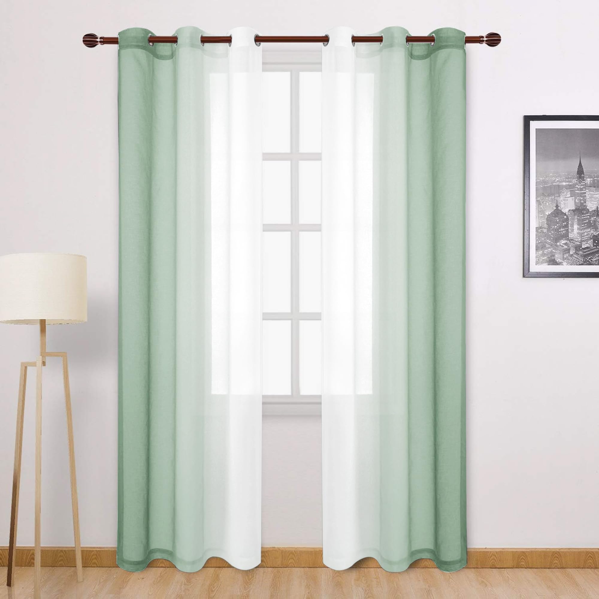 Dwcn Light Sage Ombre Sheer Curtains - 84 Inches Long Faux Linen Gradient Semi Voile Curtains For Bedroom And Living Room, Set O