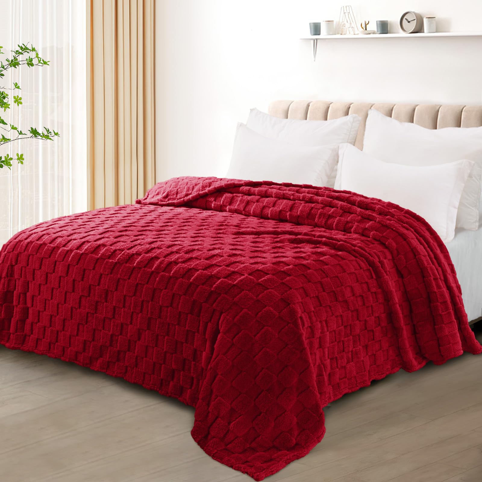 Exclusivo Mezcla King Size Flannel Fleece Blanket, Super Soft 3D Checkered Jacquard Bed Blanket, Cozy Fluffy Lightweight Blanket
