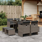 vidaXL - 9 Piece Patio Dining Set with Cushions - Gray Poly Rattan Furniture with Glass Tabletop, Chairs & Stools
