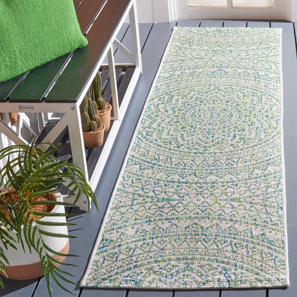 SAFAVIEH Courtyard Collection Runner Rug - 23 x 12, Ivory & Green, Non-Shedding & Easy Care, Indoor/Outdoor & Washable-Ideal f