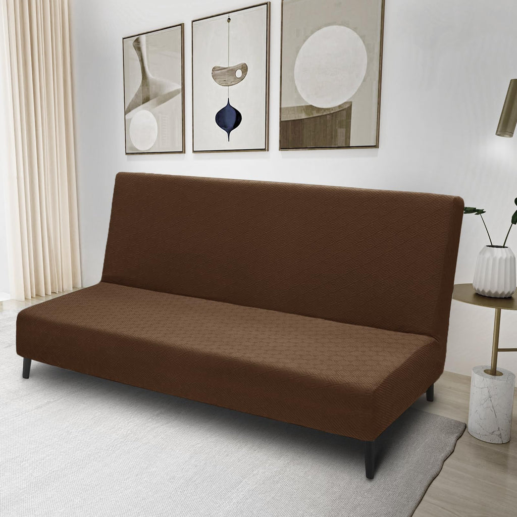 Znsayotx Armless Futon Covers Full Size (67'-82') Stretch Jacquard Sofa Bed Slipcovers, Striped Queen Futon Cover With Non-Slip Elastic Bottom, Soft Cozy Futon Mattress Cover Washable (Coffee)