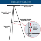 Excello Global Products Aluminum Flip-Chart Presentation Easel Stand: 2-Pack With Telescoping Legs, 70 Inches (Black)