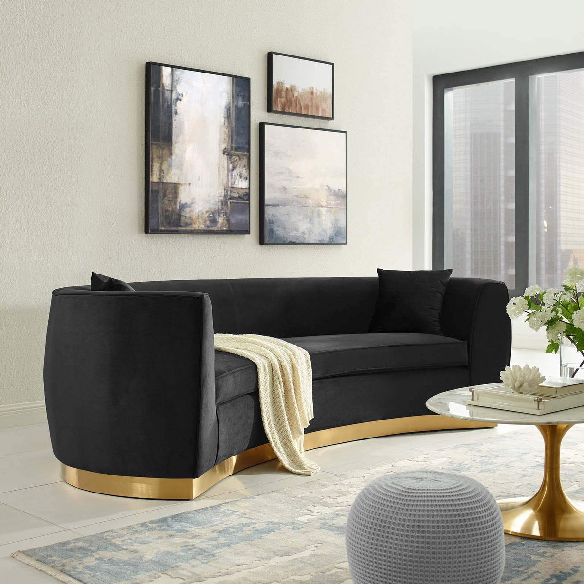 Modway Resolute Retro Modern Curved Back Upholstered Velvet With Two Throw Pillows, Sofa, Black