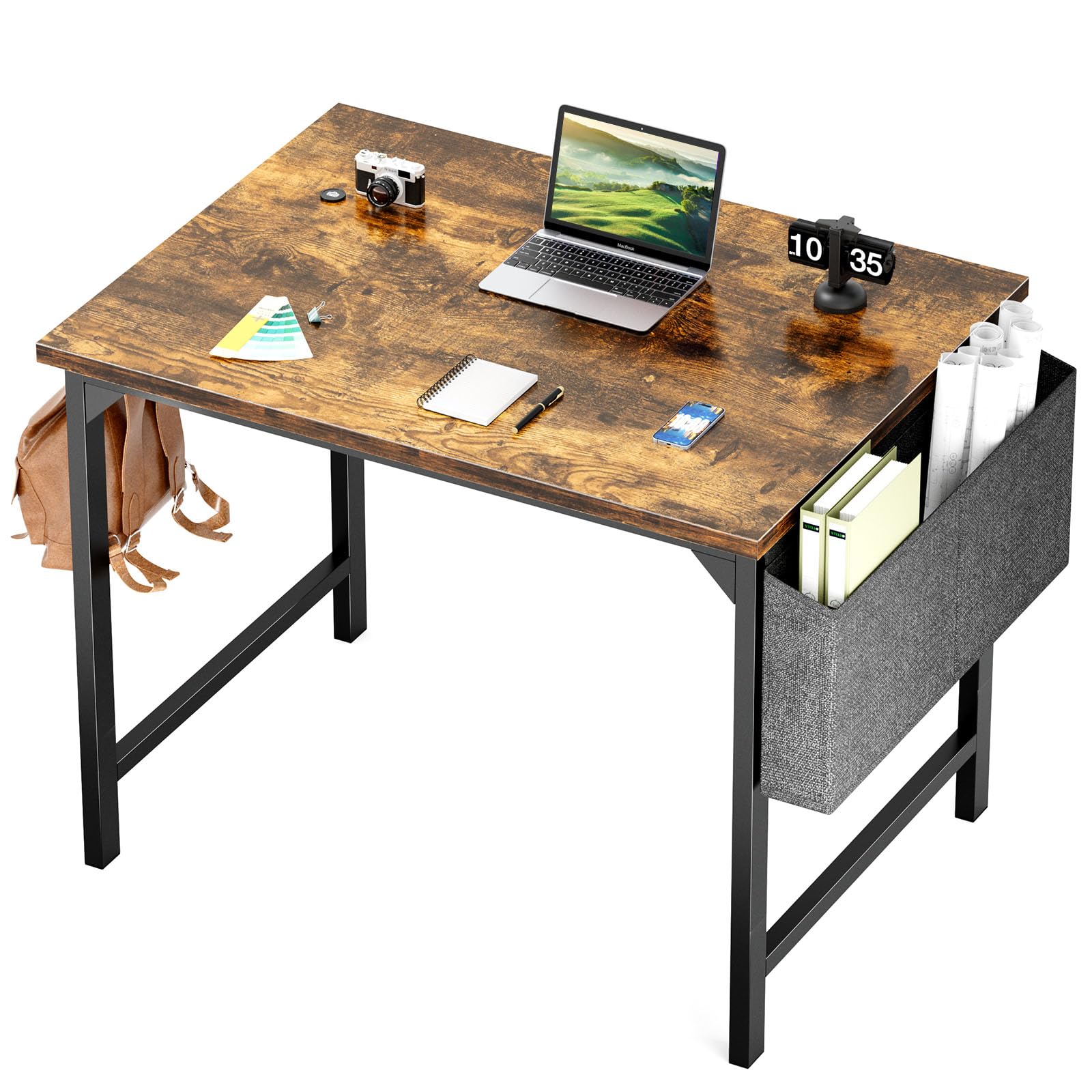 Sweetcrispy Computer Small Office Desk 32 Inch Student Kids Study Writing Work With Headphone Hooks & Storage Bag Modern Simple Pc Home Bedroom Table, Rustic Brown
