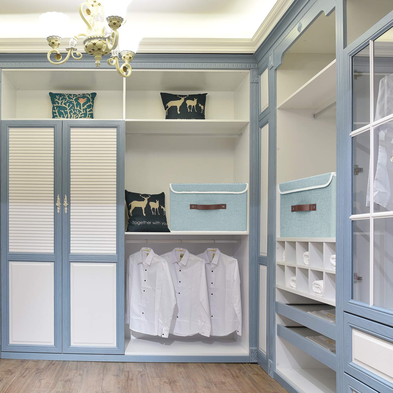 Tyeers Collapsible Storage Boxes, Washable Fabric Storage Bins With Lids, 14.9X9.8X9.8 Inches, 3 Pack, Aqua Spring