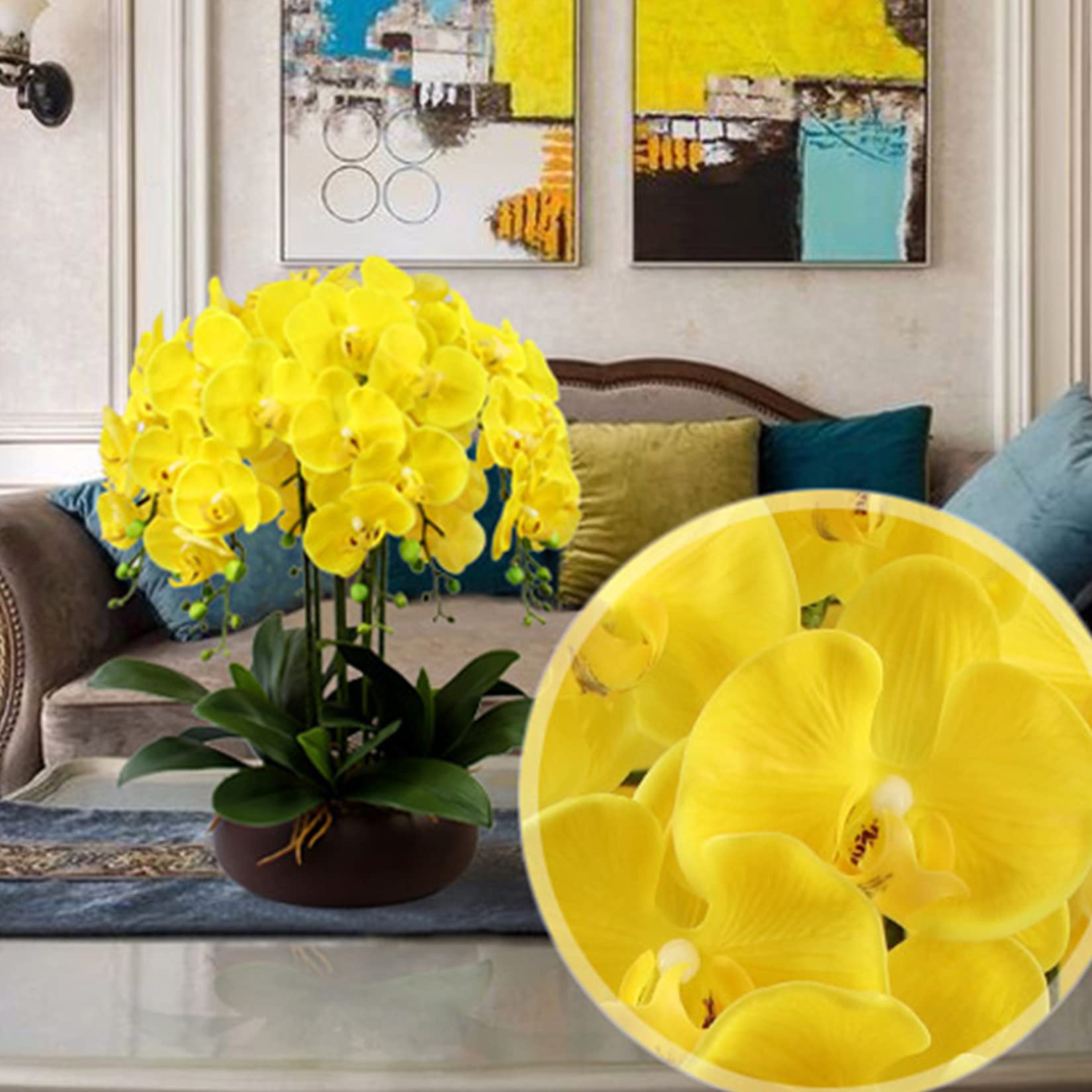 Fagushome 32 Inch Artificial Phalaenopsis Flowers 6 Pcs Artificial Orchid Flowers Stem Plants For Home D  Cor (Yellow)