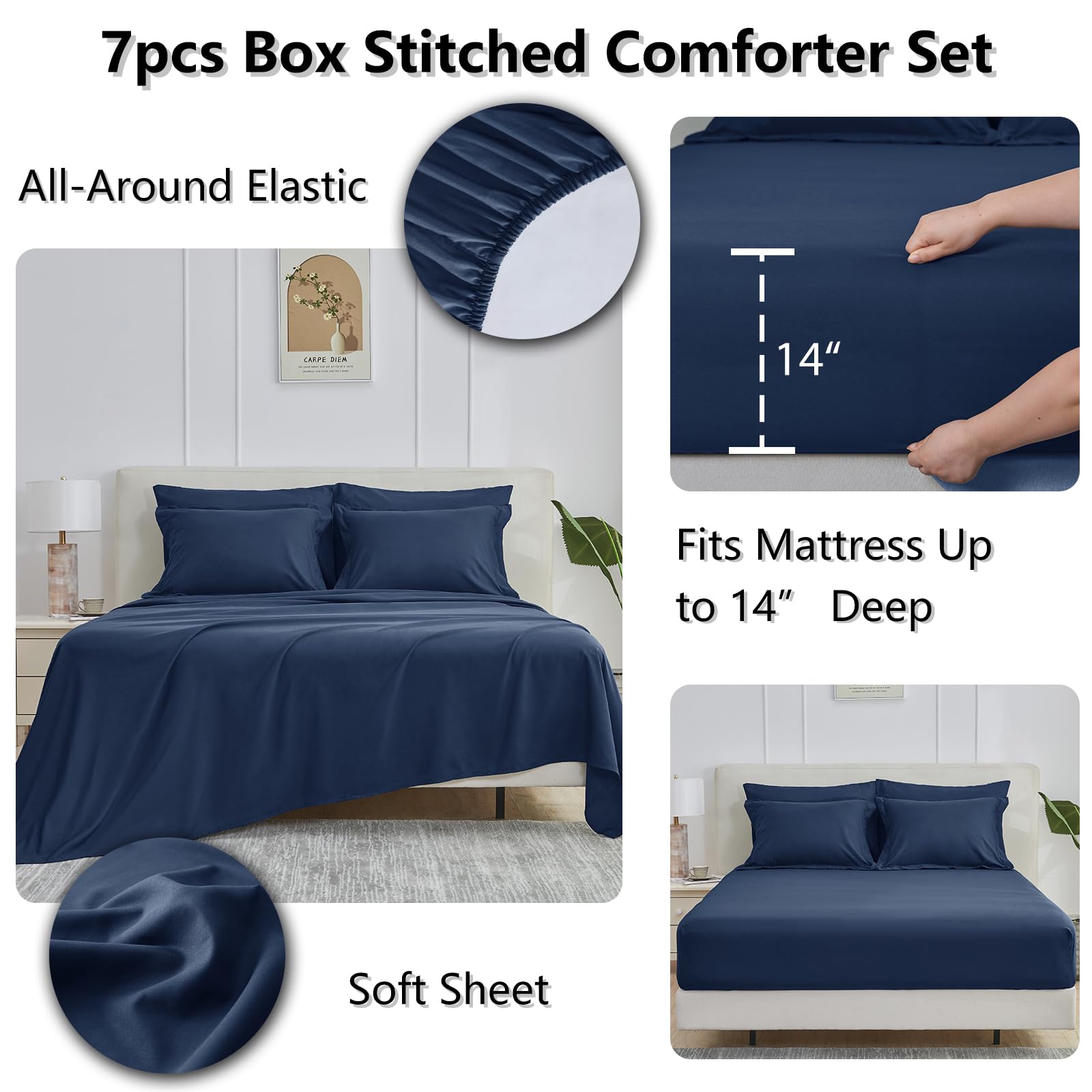 Cozylux Navy Blue Comforter Full Size 7 Pieces Navy Blue Bedding Set Complete Bed In A Bag Bed Set For All Season With Comforter, Flat Sheets, Fitted Sheet, Pillowcases & Shams