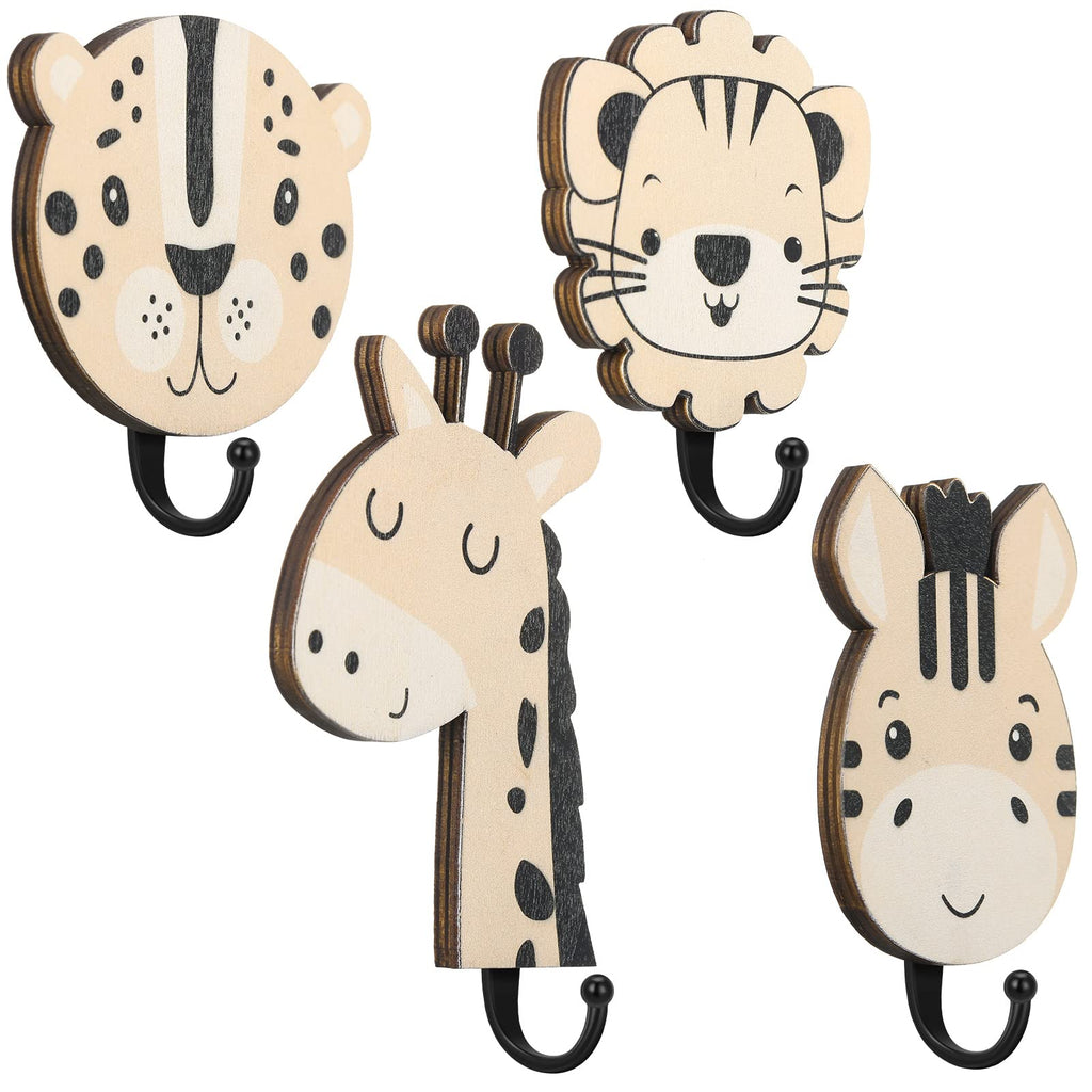 4 Pcs Safari Animal Wall Hooks Decorative Wall Hooks Kids Wall Hooks Decorative Wooden Jungle Animal Wall Hooks Animal Nursery H