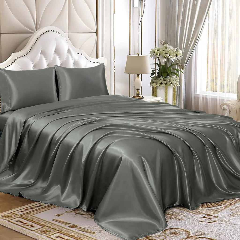 Homiest 4Pcs Satin Sheets Set Luxury Silky Satin Bedding Set With Deep Pocket, 1 Fitted Sheet + 1 Flat Sheet + 2 Pillowcases (King Size, Dark Grey)