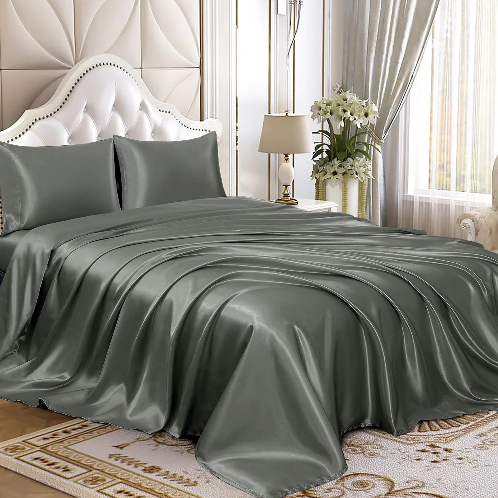 Homiest 4Pcs Satin Sheets Set Luxury Silky Satin Bedding Set With Deep Pocket, 1 Fitted Sheet + 1 Flat Sheet + 2 Pillowcases (King Size, Dark Grey)