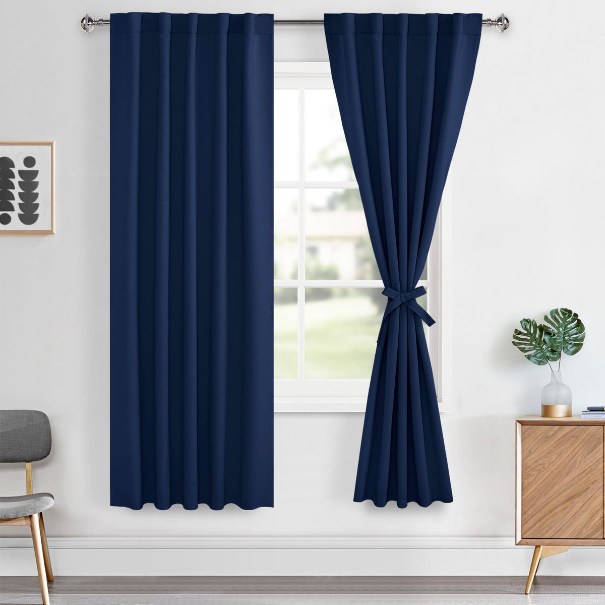 Hiasan Back Tab Blackout Curtains 2 Panels, Rod Pocket Navy Blue Curtains for Bedroom, Room Darkening Curtains for Living Room, 