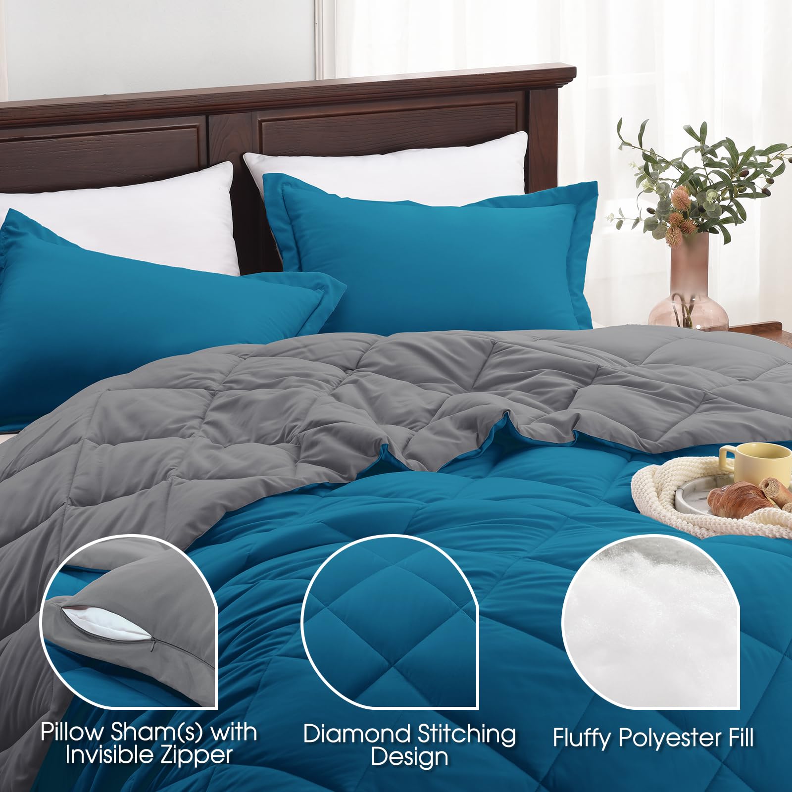 Basic Beyond California King Comforter Set Reversible Cal King Comforter Set, Algiers Blue/Charcoal Gray Comforter Set Cali King For All Seasons, 1 Comforter 106'X92' And 2 Pillow Shams 20'X36'+2'