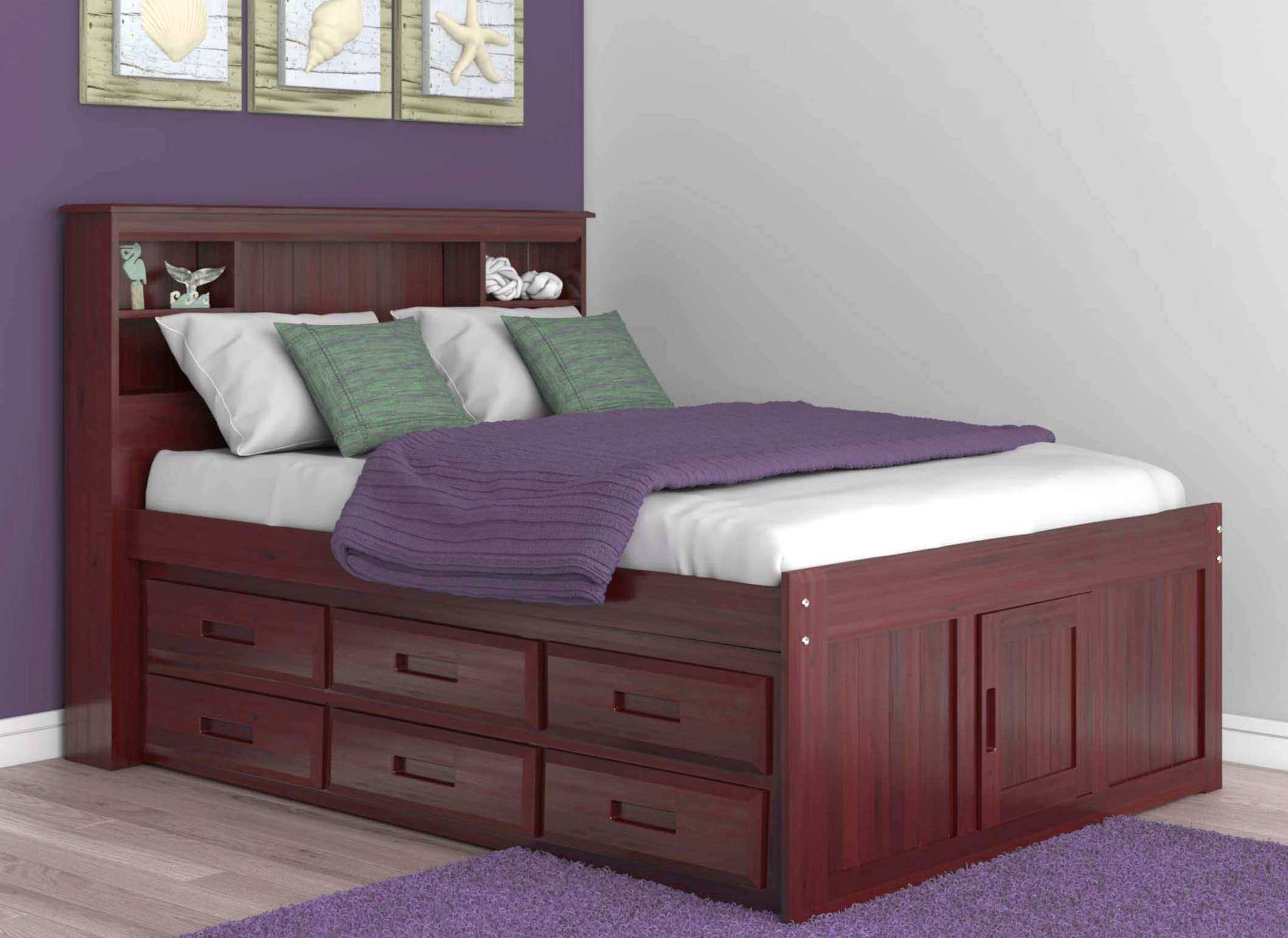 OS Home and Office Furniture Model 82821K12-22 Solid Pine Full Captains Bookcase Bed with Two Six Drawer Pedestals in Rich Merlot