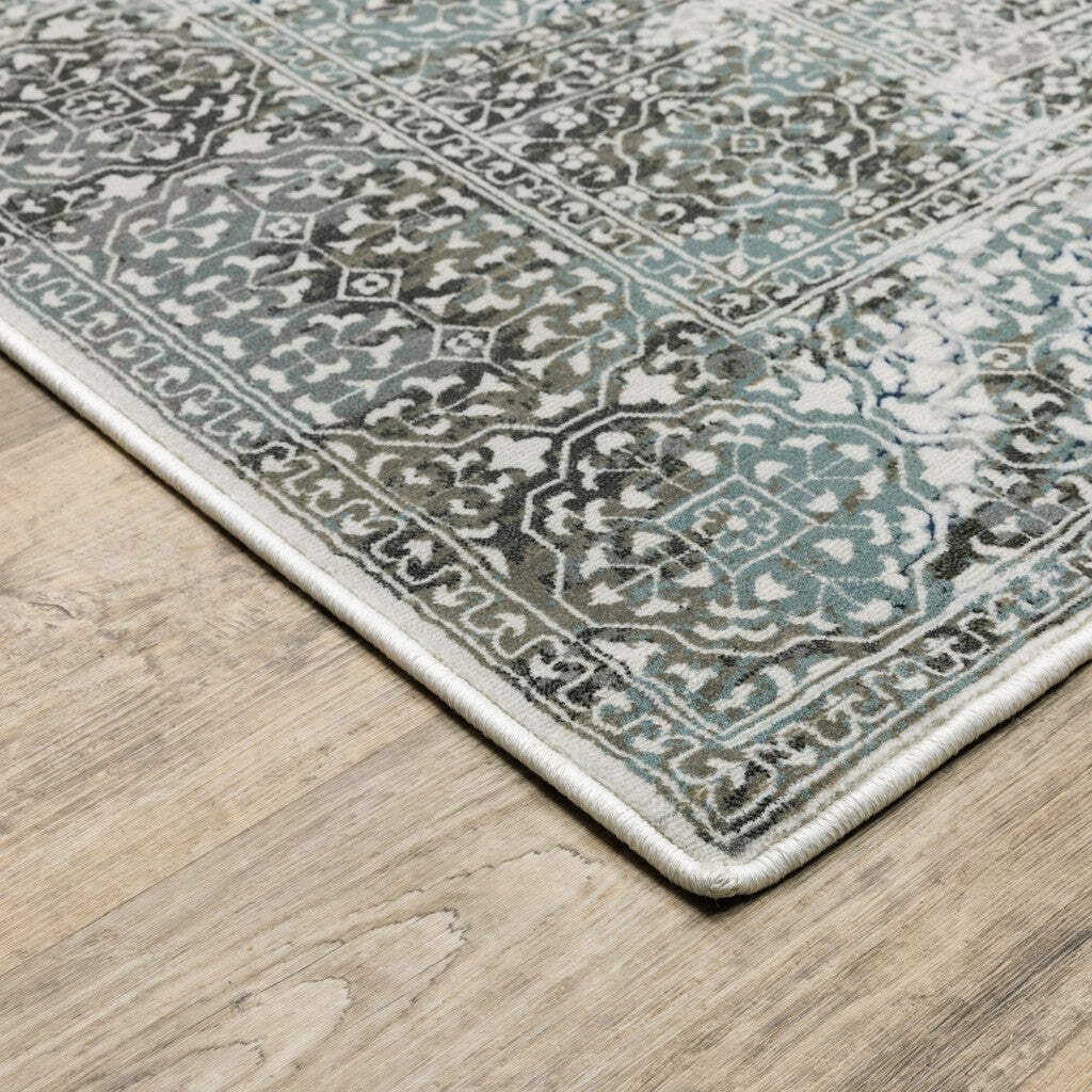 HomeRoots 508915 10 x 13 ft. Ivory Gray Charcoal Blue & Rust Oriental Power Loom Stain Resistant Rectangle Area Rug