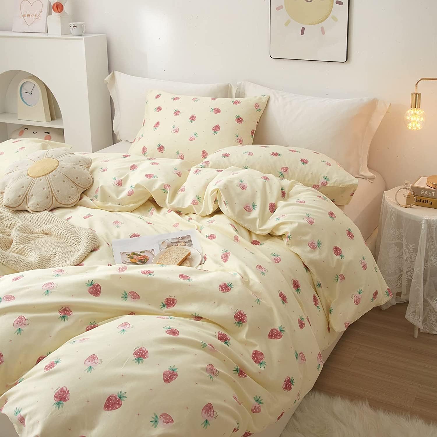 Lifetb Cute Strawberry Duvet Cover Twin Xl Soft Cotton Kawaii Strawberry Bedding Sets Kids Girls Bedroom Decor Fresh Small Straw