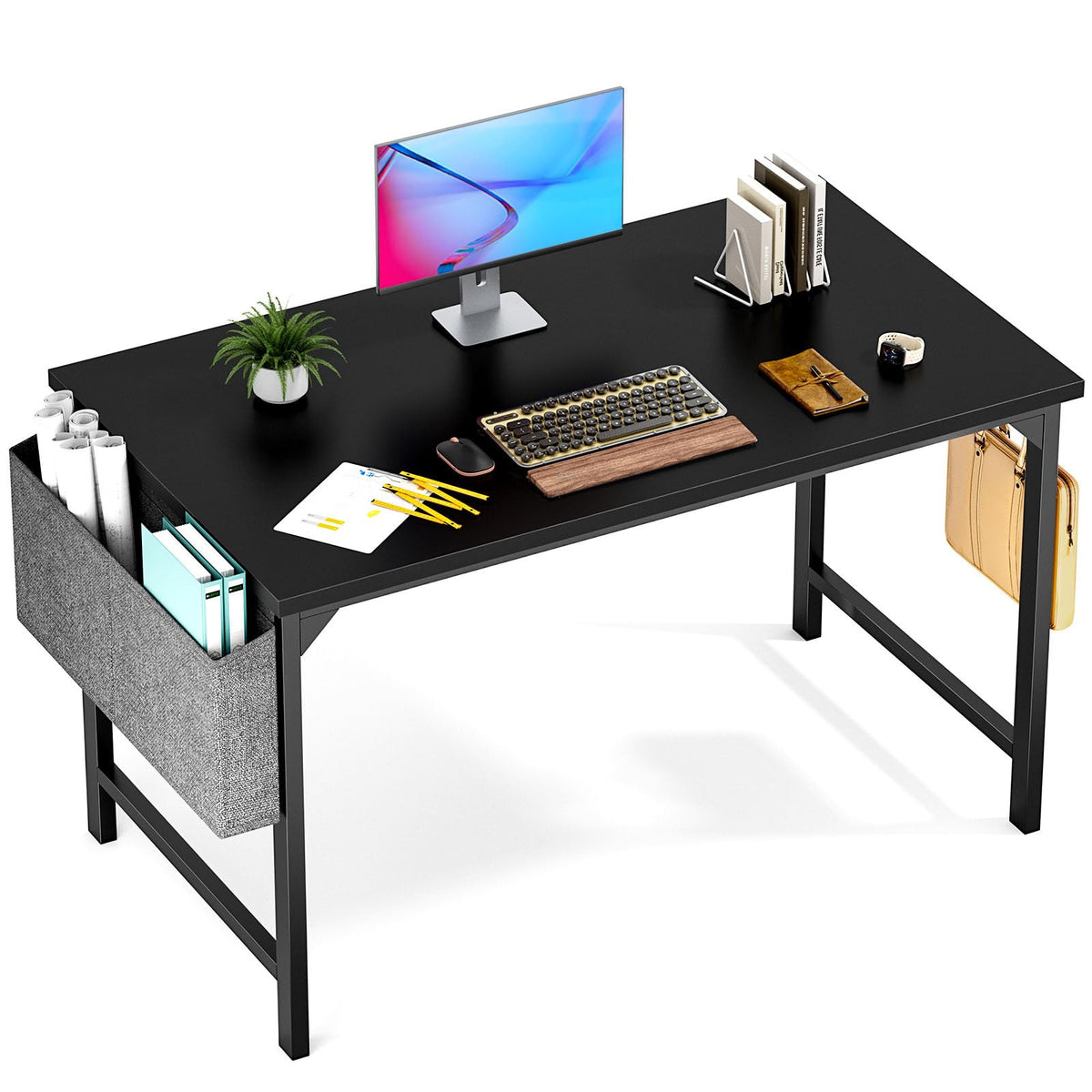 Olixis Computer Desk Home Office 48 Inch Writing Study Work Desk Witne Storage Bag, Headphone Hooks, Large Simple Modern Wood Kids Student Pc Table - Black