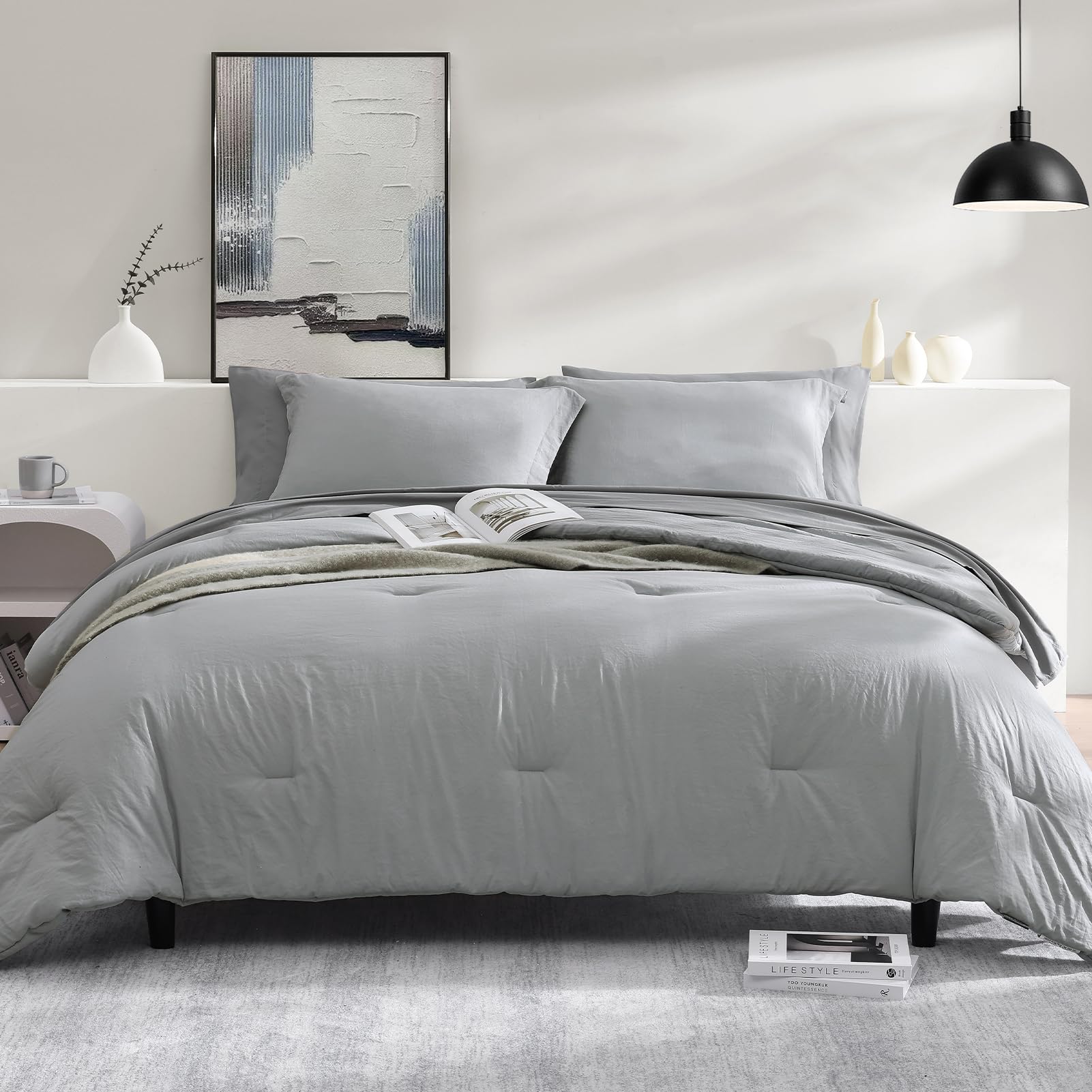 Wrensonge Light Grey King Comforter Set, 7 Pieces Soft Microfiber King Size Comforter With Fitted Sheet, Flat Sheet, 2 Pillow Sh