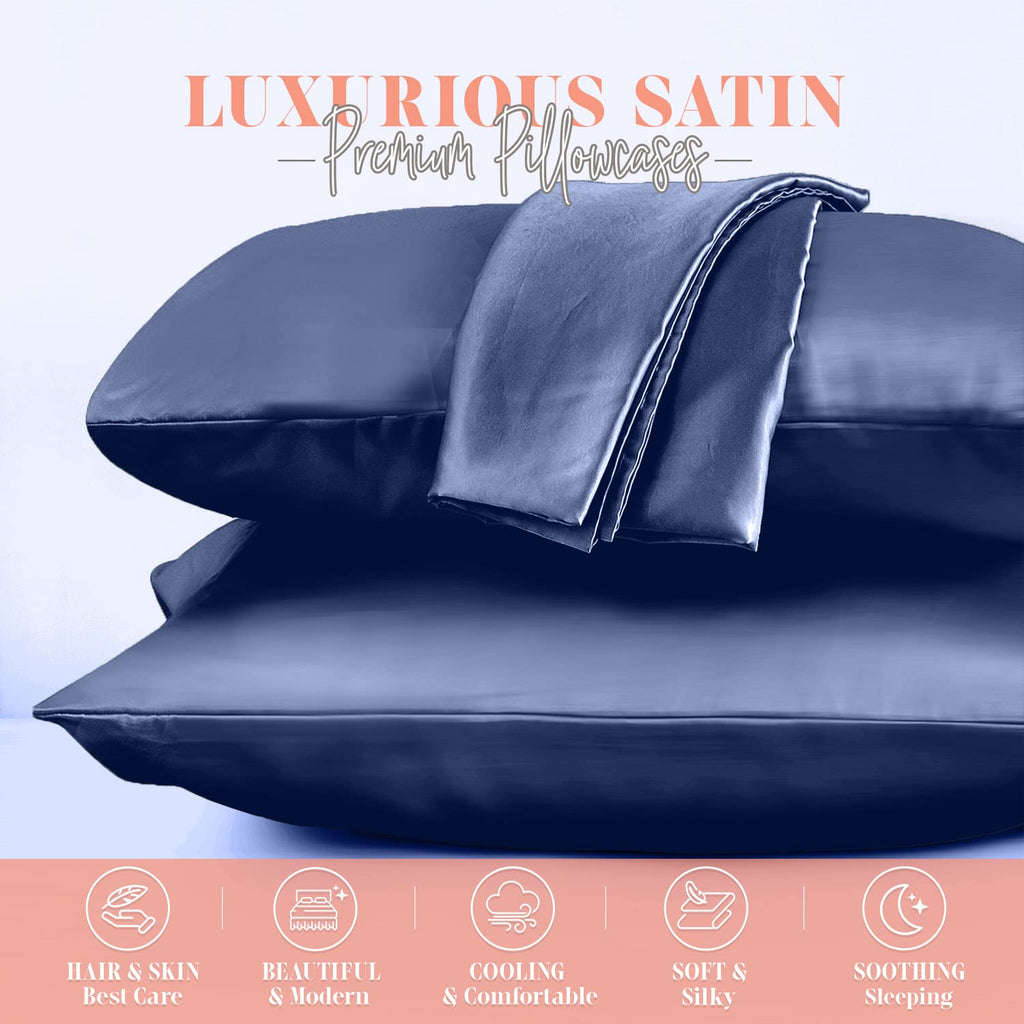Elegant Comfort Silky And Luxurious 2-Piece Satin Pillowcase Set For Healthier Skin And Hair, Hidden Zipper Closure And Beautifully Packaged, Satin Pillowcase Set, Standard/Queen, Navy Blue