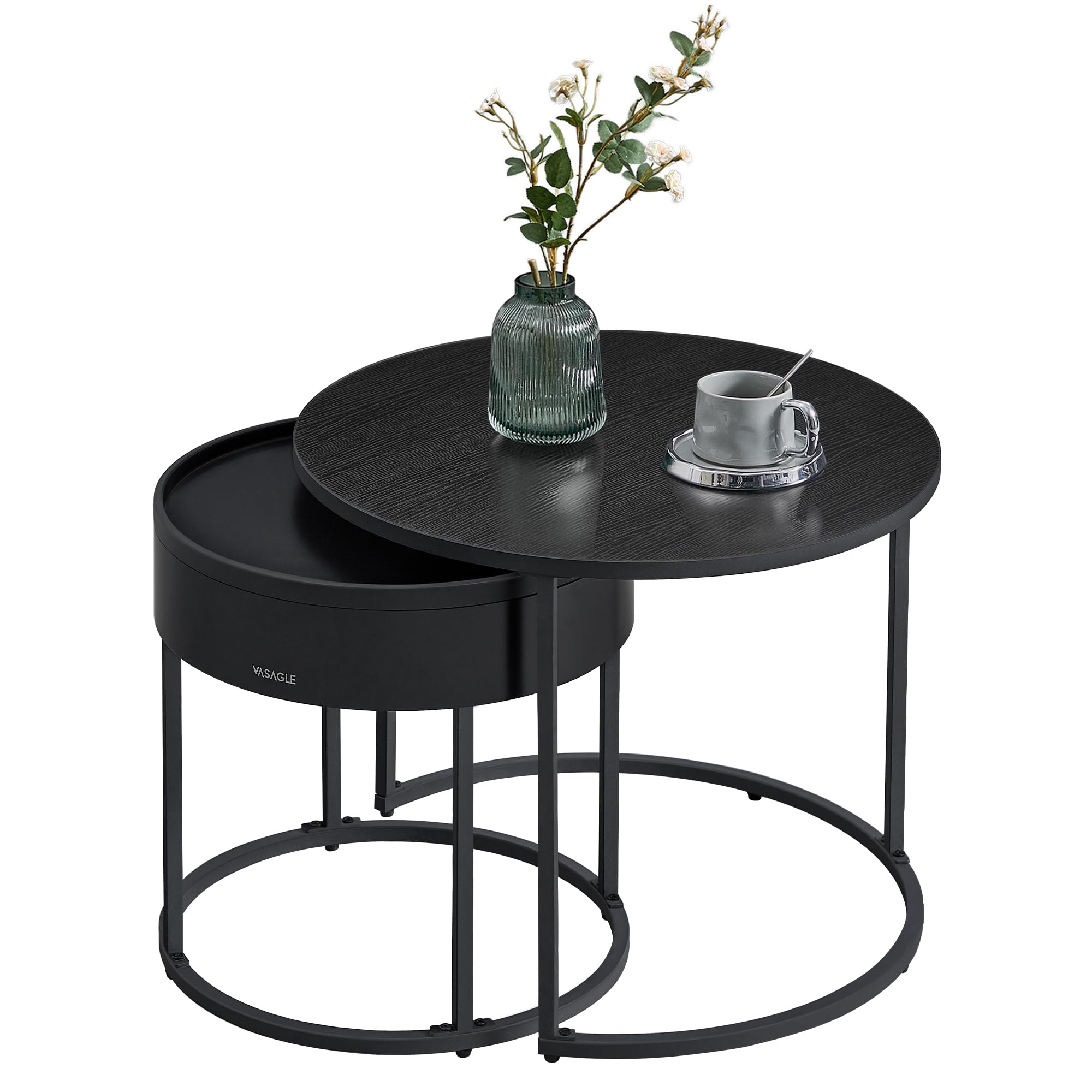 VASAGLE Round Coffee Tables, Set of 2 Nesting Tables, Modern Round Side Tables with Hidden Storage and Top Tray, for Living Room