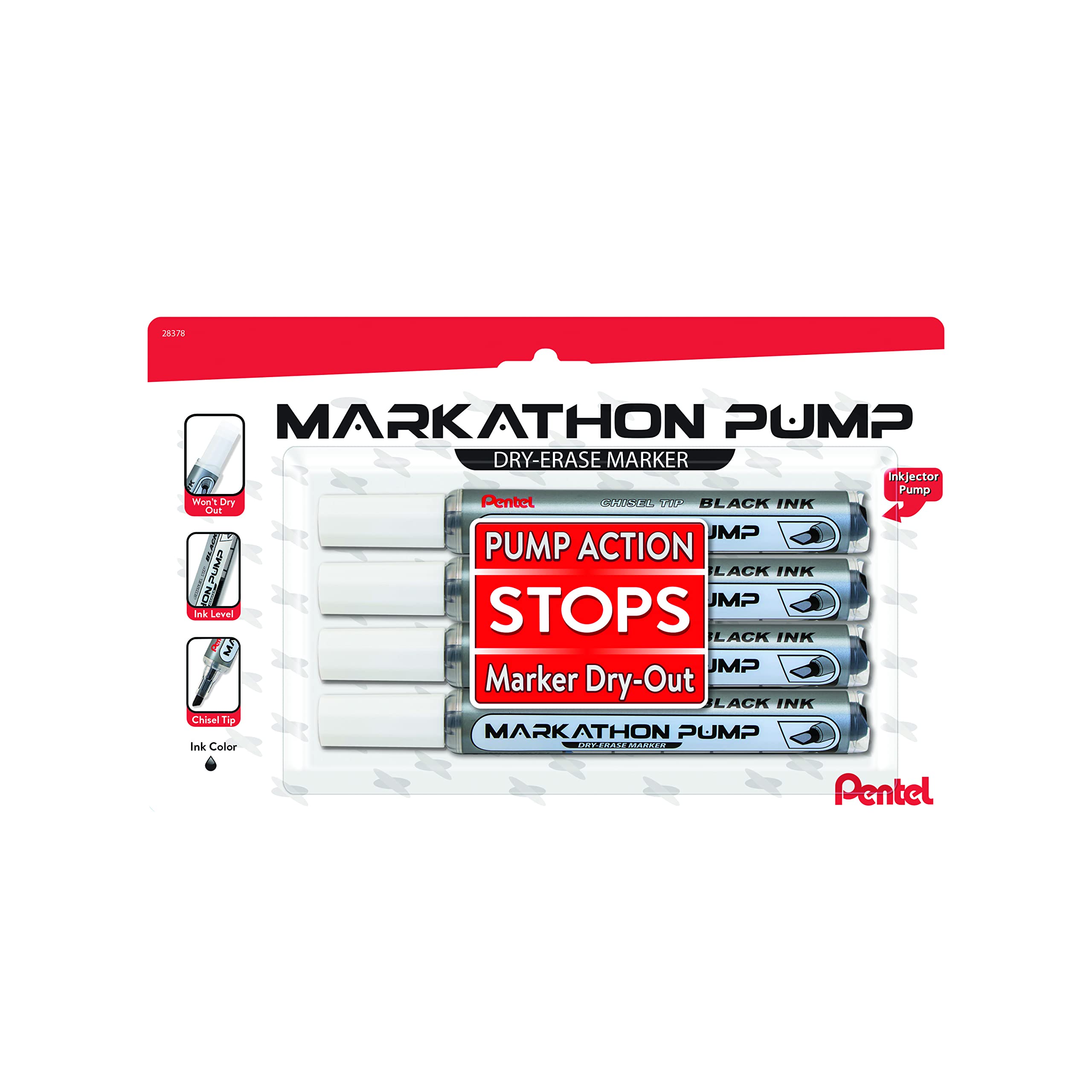 Pentel Markathon Pump Dry Erase Marker, Chisel Tip, Black Ink, 4 Pack (Mwl6Sxbp4A)