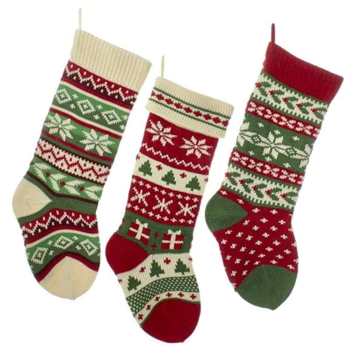 Kurt Adler B0680 Heavy Knit Snowflake And Chrismas Tree Stocking - 3 Assorted