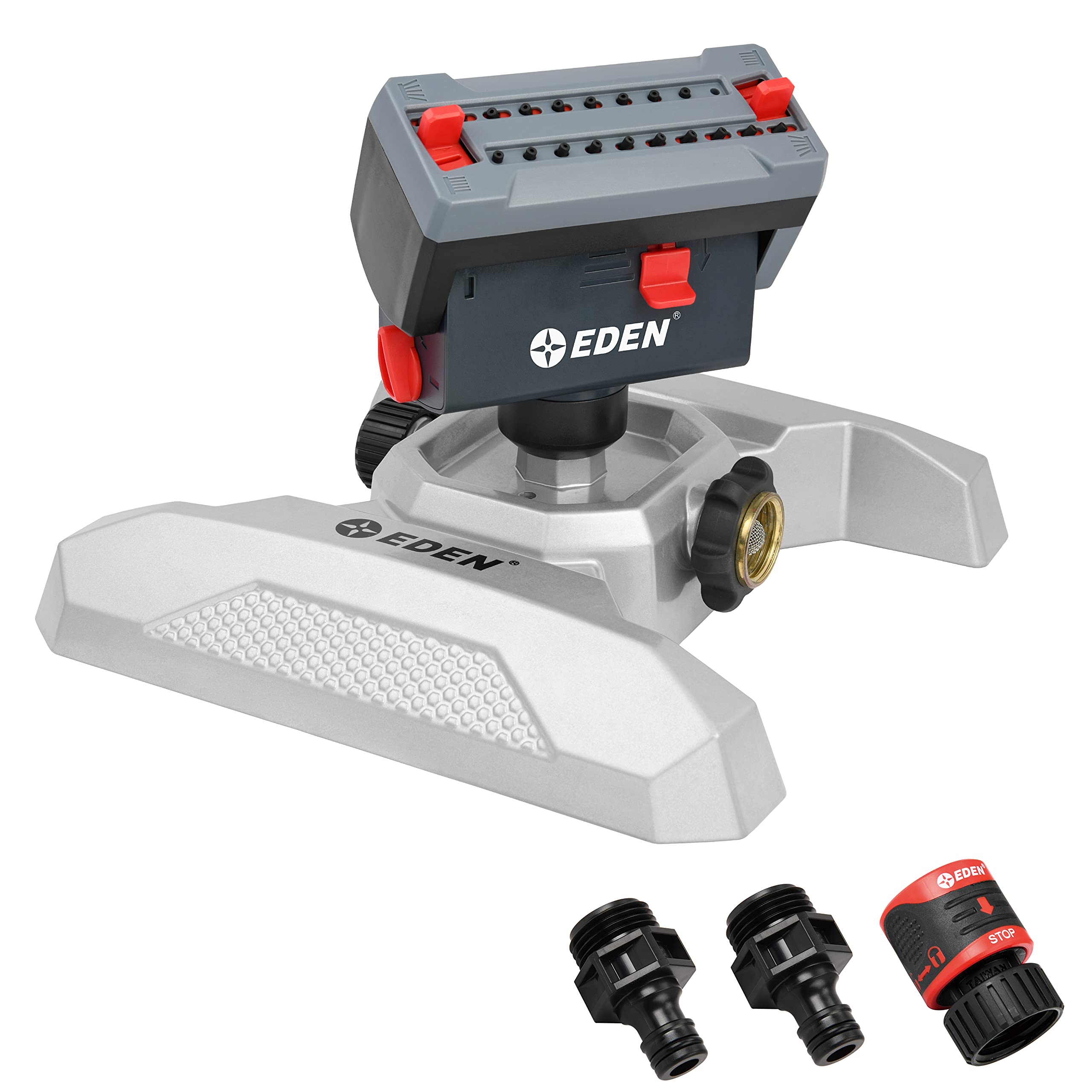 Eden 94127 Adjustable 4-Way Mini Turbo Oscillating Sprinkler W/Quick Connect Starter Set, Metal 20 Nozzle, Covers Up To 4,250 Sq