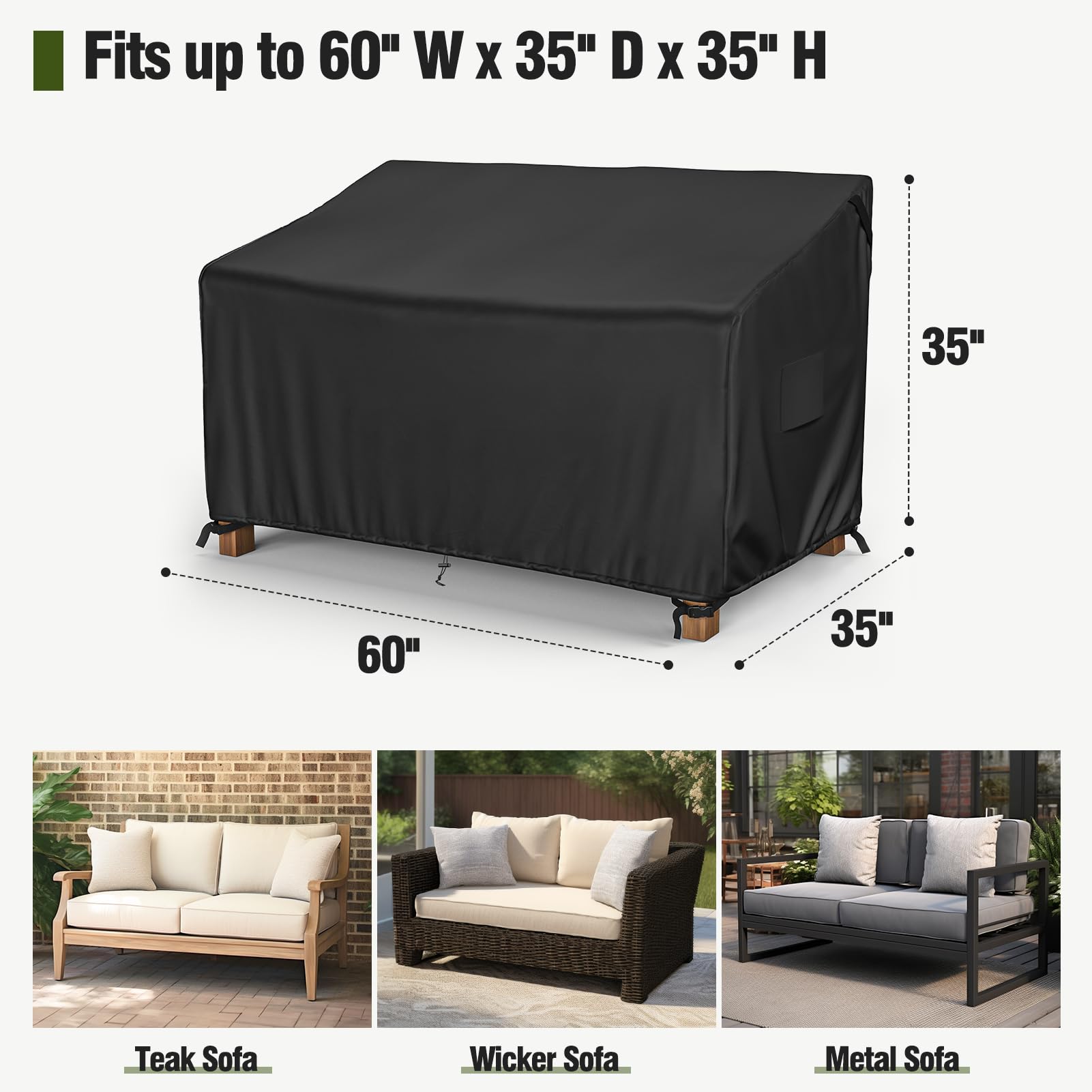 Mr.Cover 2-Seater Patio Loveseat Cover, Patio Furniture Covers Waterproof, Fits Up To 60W X 35D X 35H Inches, With Air Vent And Handles, Black