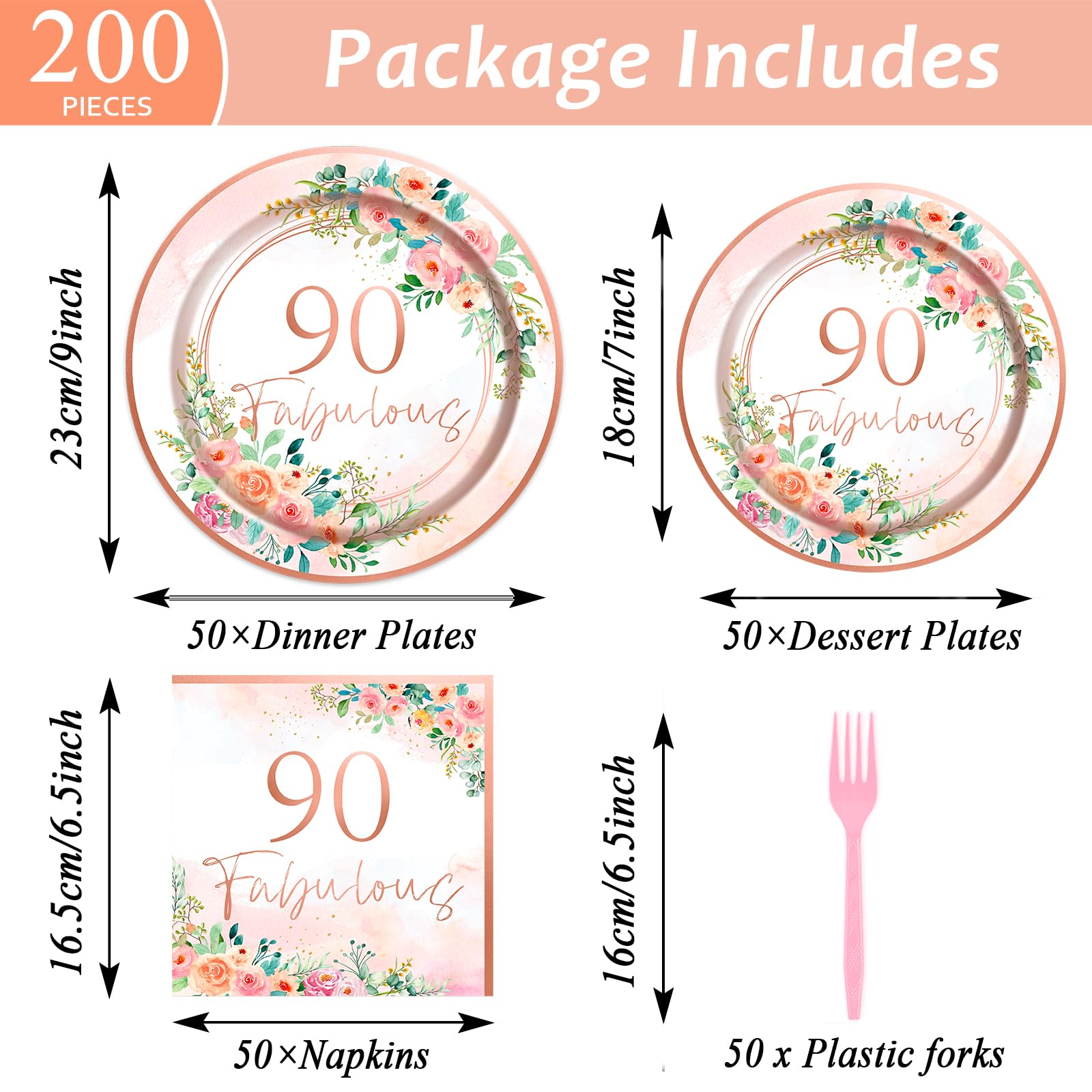 gisgfim Rose Gold 90th Birthday Party Tableware Set - 50 Guests, 200PCS Floral Paper Plates & Napkins, Fabulous Party Decorations
