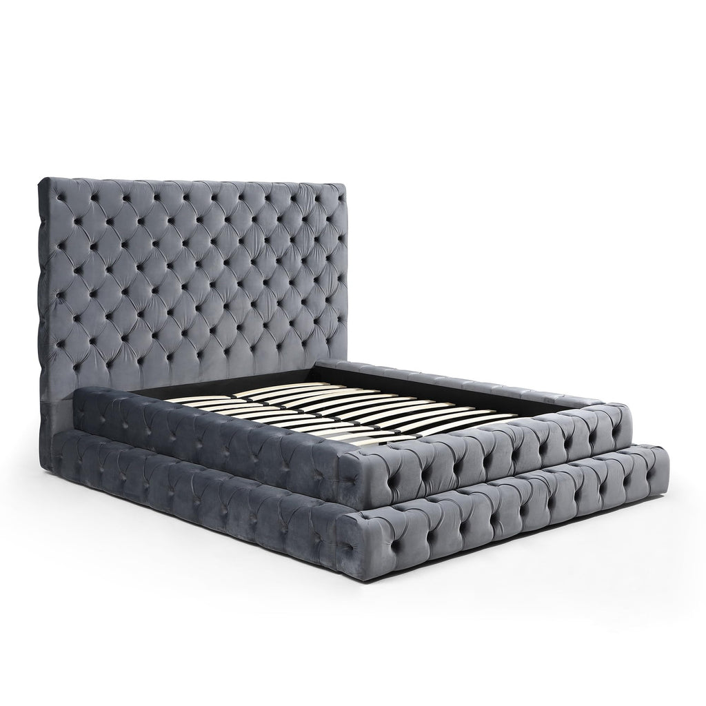 Better Home Products Eleonora Velvet Queen Bed - Luxurious Upholstered Design with Deep Button Tufting in Gray (Gray, Queen)