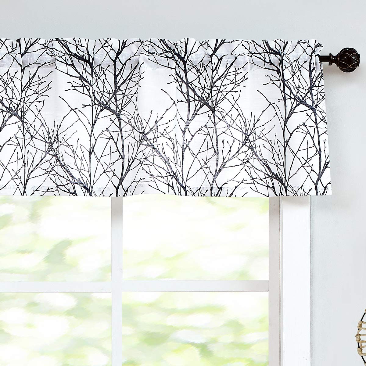 FMFUNCTEX Window Valance Curtains Black Tree Branch Print on Semi-Sheer White Short Valance for Kitchen 50   W x 15 L, 1 Panel