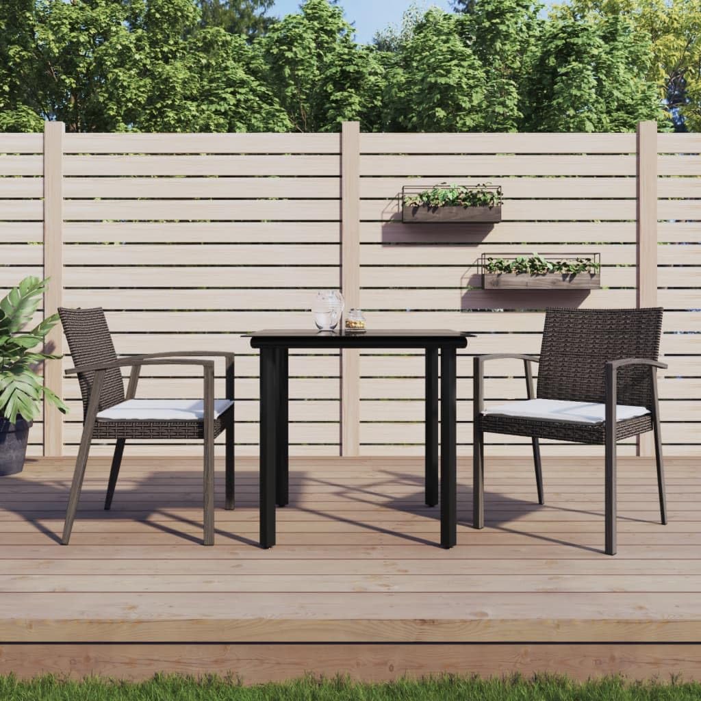 vidaXL 5 Piece Outdoor Dining Set in Black - Poly Rattan and Steel Material, Tempered Glass Tabletop, Comfortable Cushioned Seating