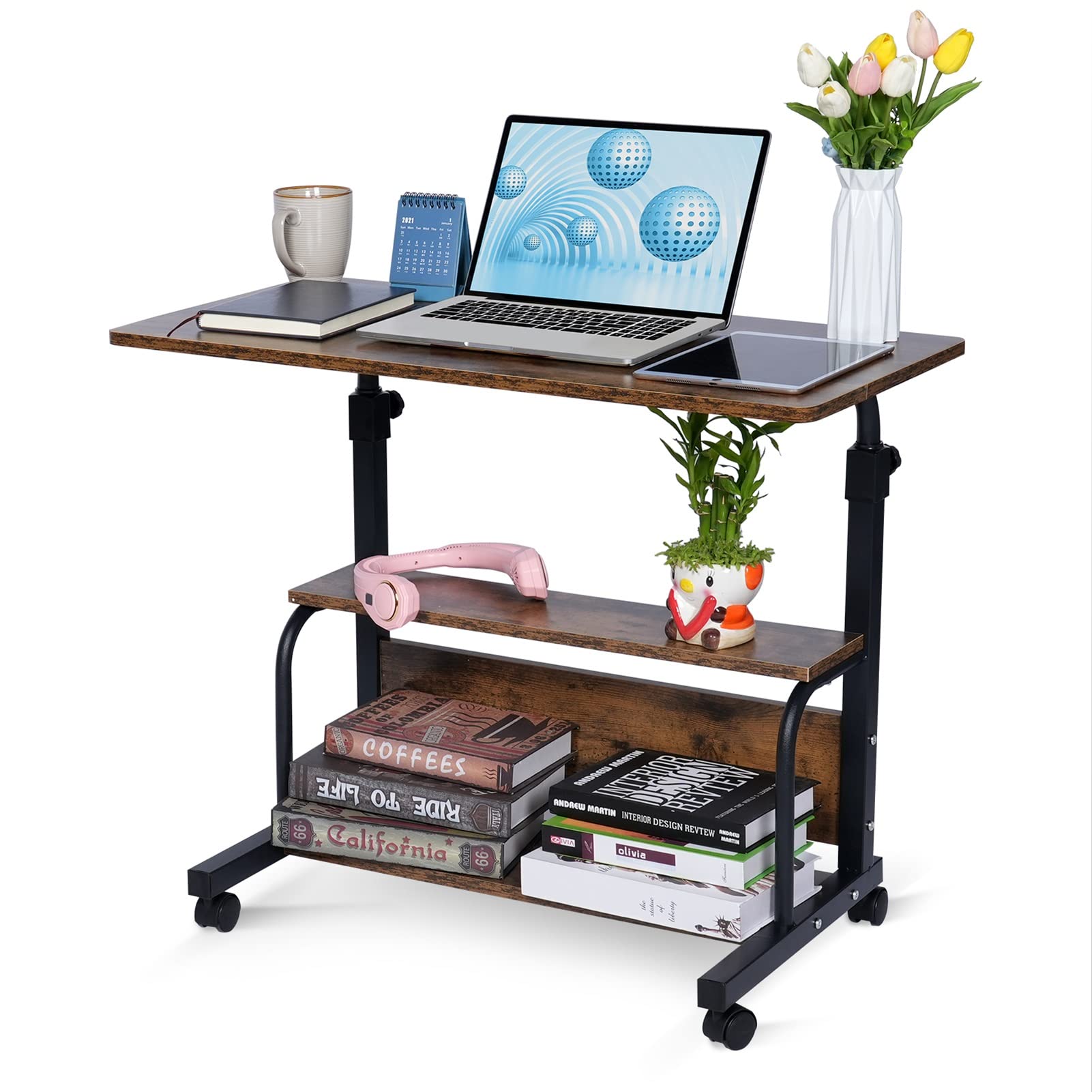 QZMDSM Portable Rolling Desk on Wheels Small Standing Desk Adjustable Height Desks with Wheels for Small Spaces, 32 Computer Des