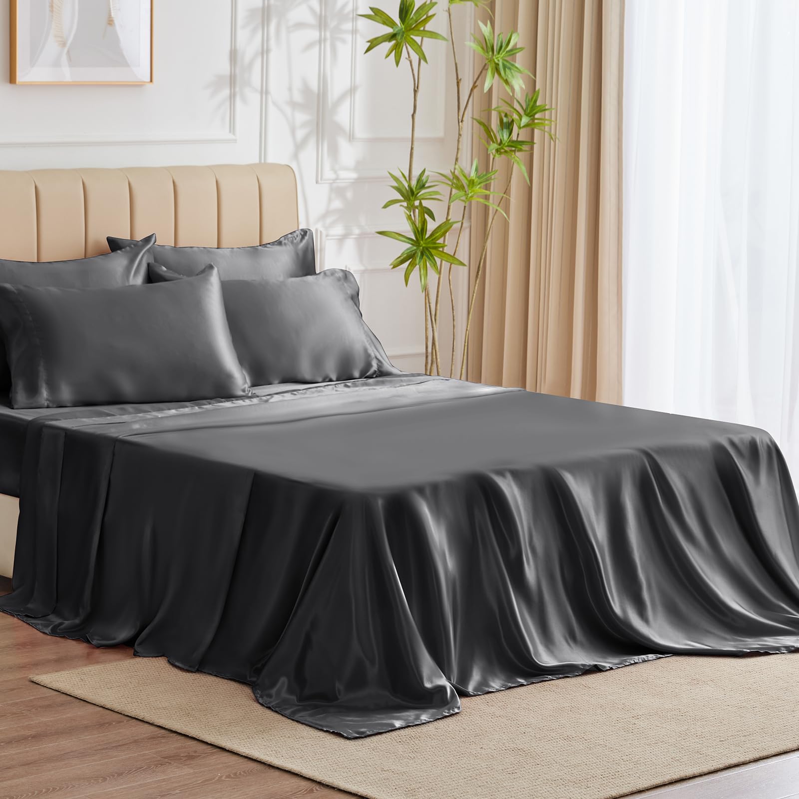 Cozylux Satin Sheets King Size - 6 Piece Dark Grey Bed Sheet Set With Silky Microfiber, 1 Deep Pocket Fitted Sheet, 1 Flat Sheet