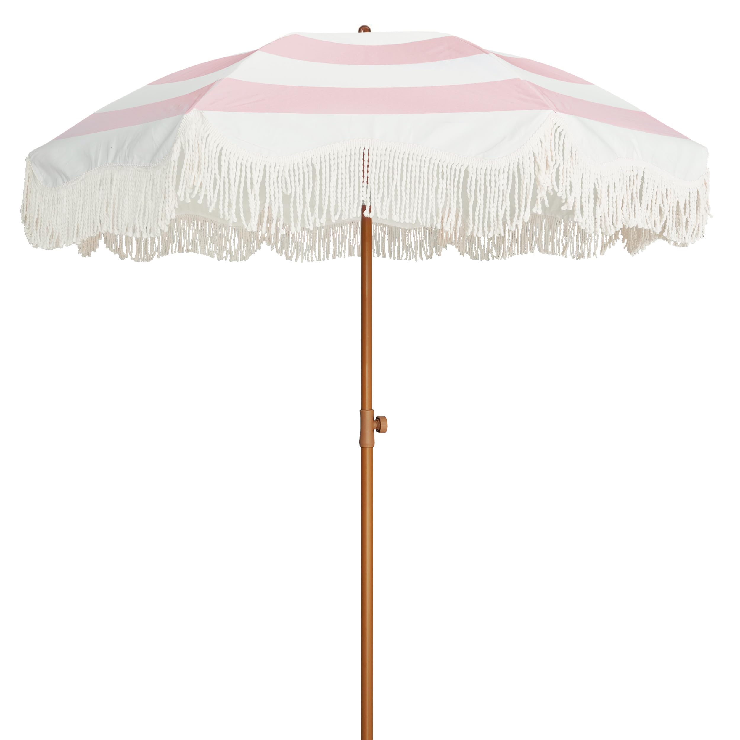 AMMSUN Boho Fringe Umbrella Outdoor Patio, 6.5ft UPF50+ Picnic Umbrella with Tassels with Steel Pole and Push Button Tilt, Pink 