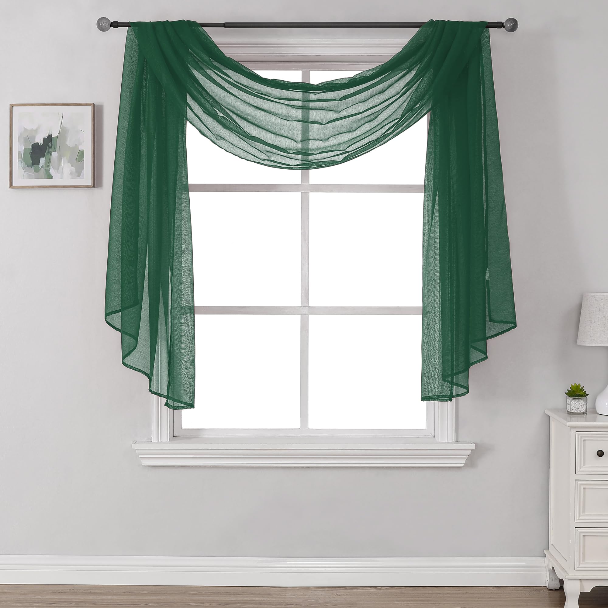 DONREN 144 Inches Long Emerald Green Window Scarf for Party - Luxury Soft Semi Sheer Scarf Valance for Wedding (1 Panel,Dark Gre